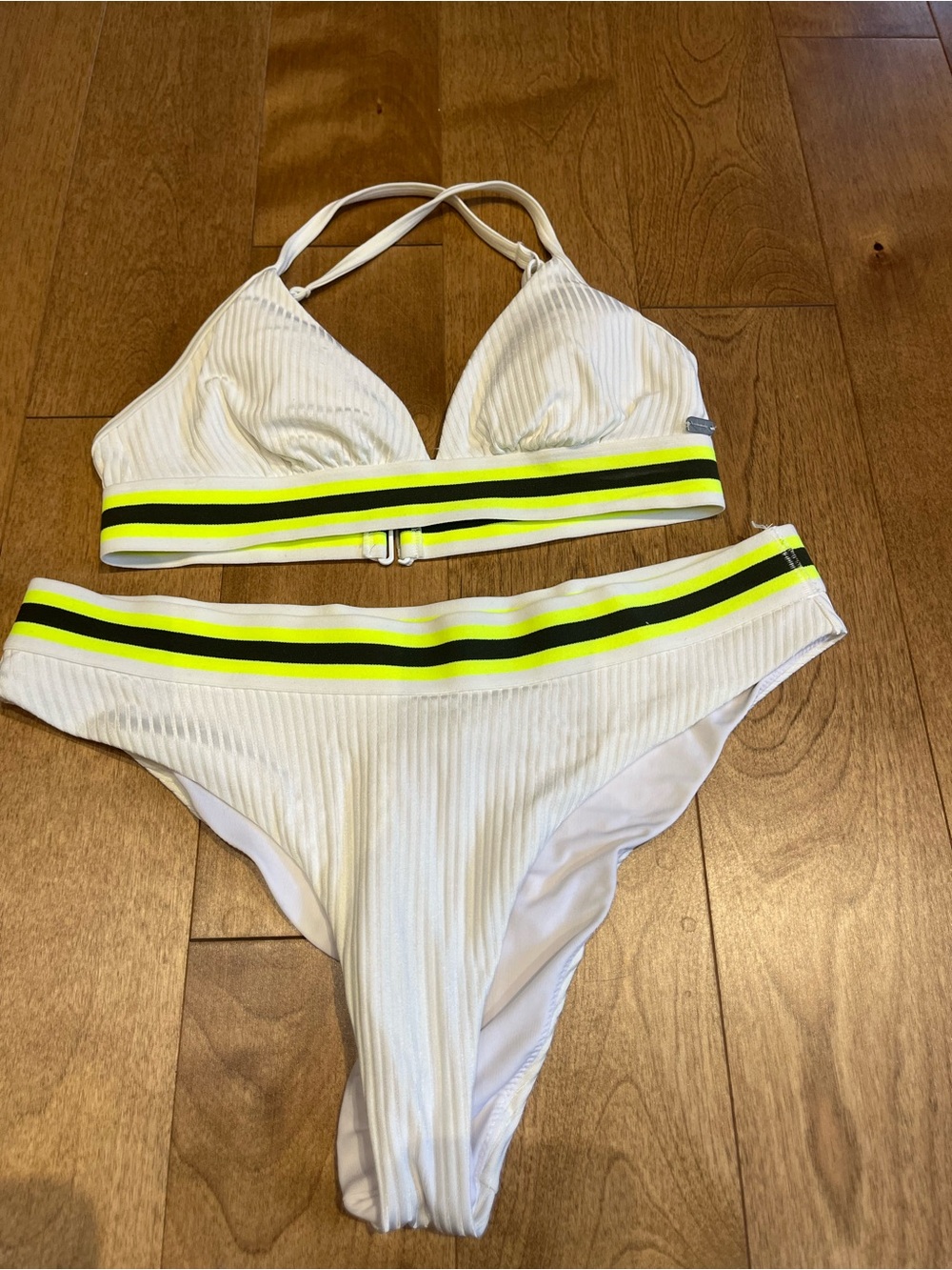 White Ribbed Bikini Set with Neon Stripe